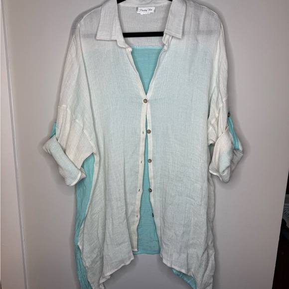 White and Blue Button-Up Shirt - Picture 1 of 7